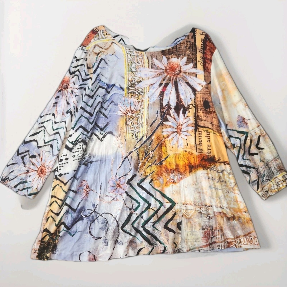 Ali Miles 1X Wearable Art Blouse Tunic Earth Tones Newspaper Print Top Artsy